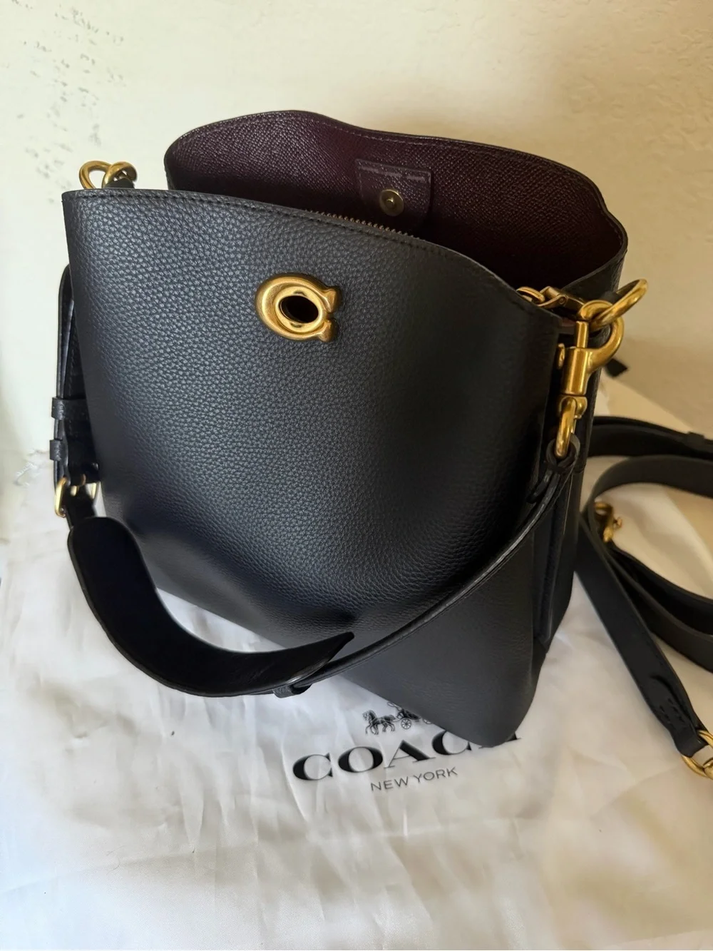 Coach Willow Black Pebbled Leather Bucket Bag with Burgundy Interior
